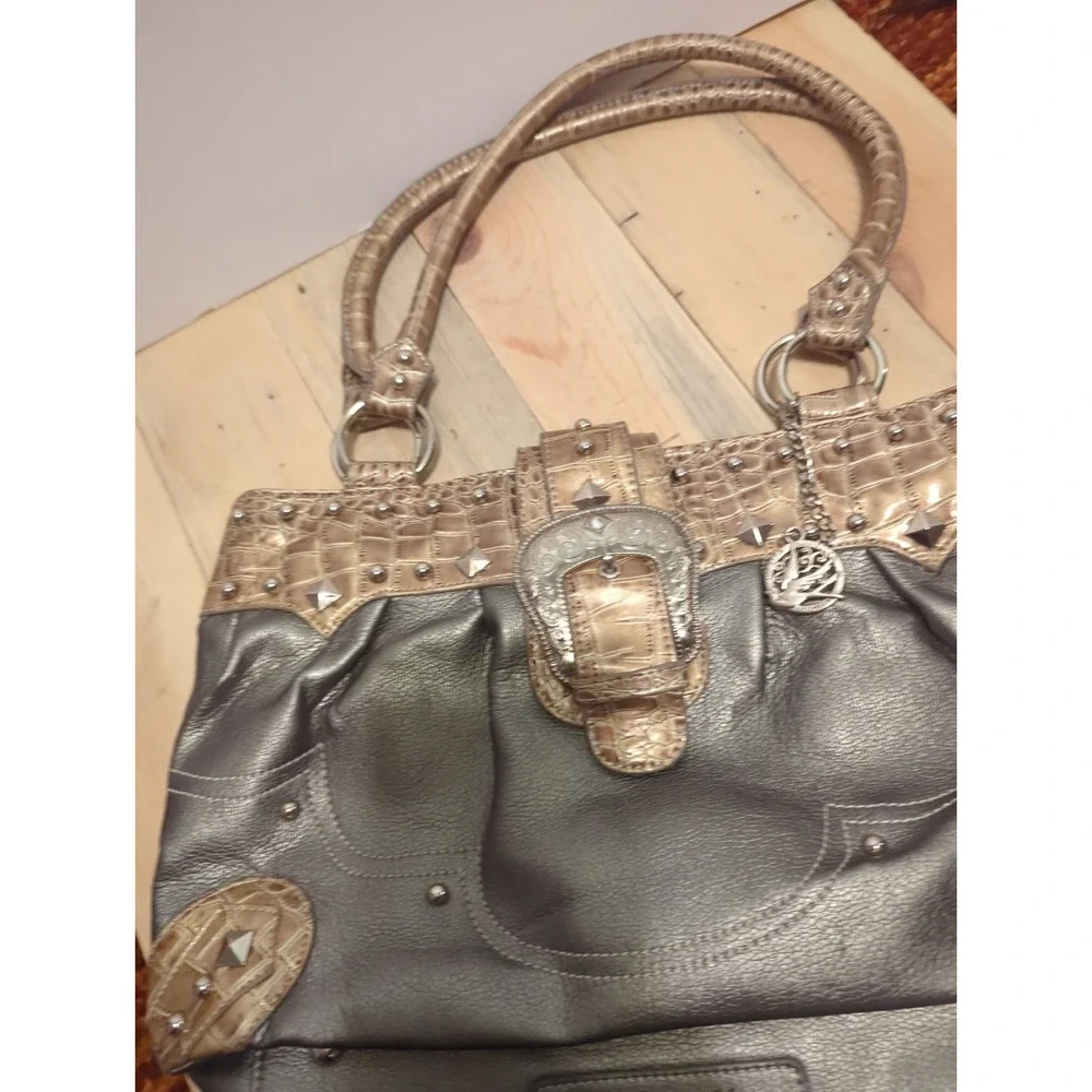 Vtg Y2K Lou-Ella Silver Croc Satchel Bag Studded Buckle Moto Boho slouchy Bling